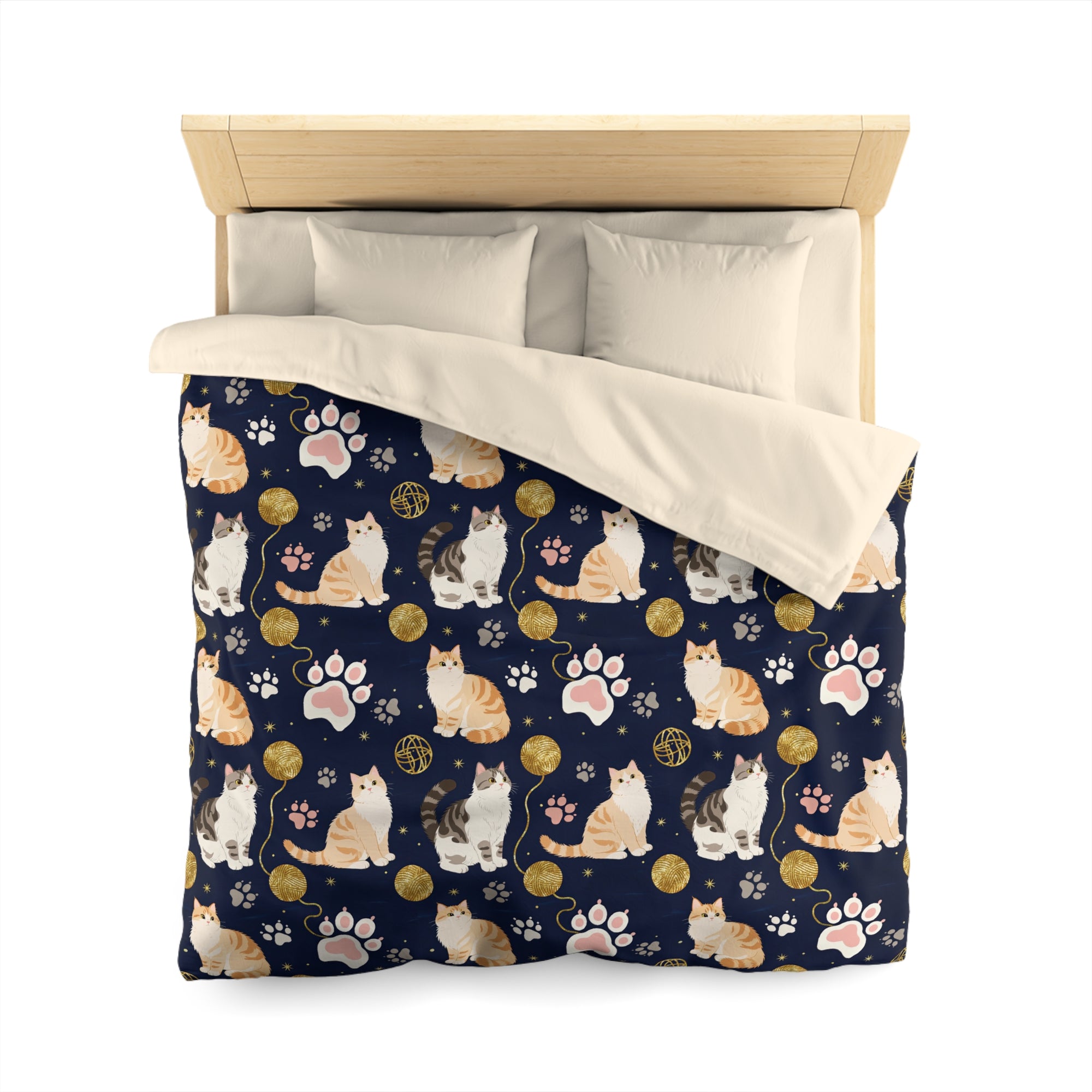 Duvet Cover - Charming cats and golden yarn playful design, cute kittens with paw prints, whimsical animal art for cat lovers, dark blue background, delightful pet themed illustration
