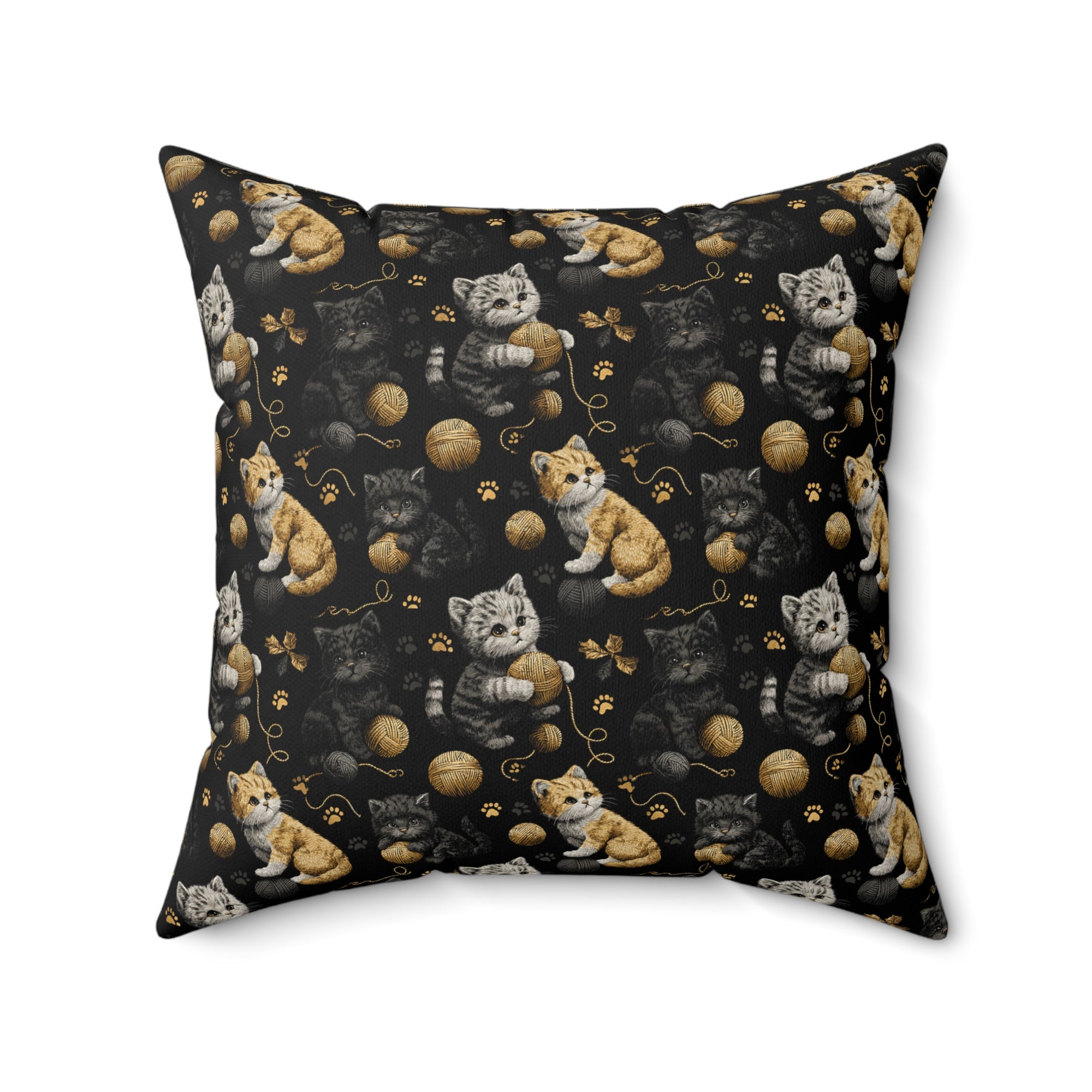 Comforter - Assorted Cute Kittens with Colorful Yarn Balls and Paw Prints on a Black Backdrop