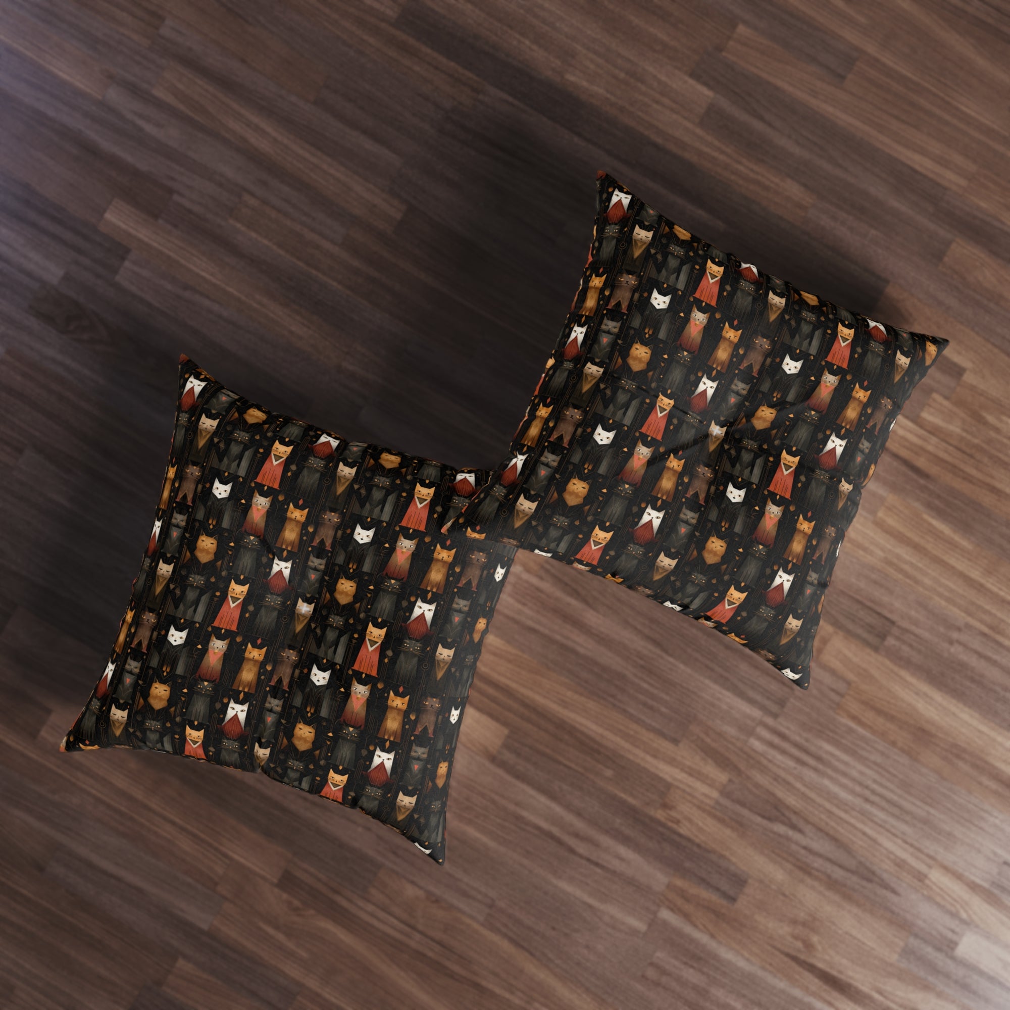 Indoor Square Floor Pillow - A striking and sophisticated Art Deco-style pattern of felines with bold, intricate lines and dramatic geometric shapes, all rendered in a unique gold and gray color palette.