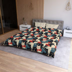 Duvet Cover - A bold and graphic pop art style illustration featuring a tight-knit cluster of various fluffy felines in black, white, red, and blue.