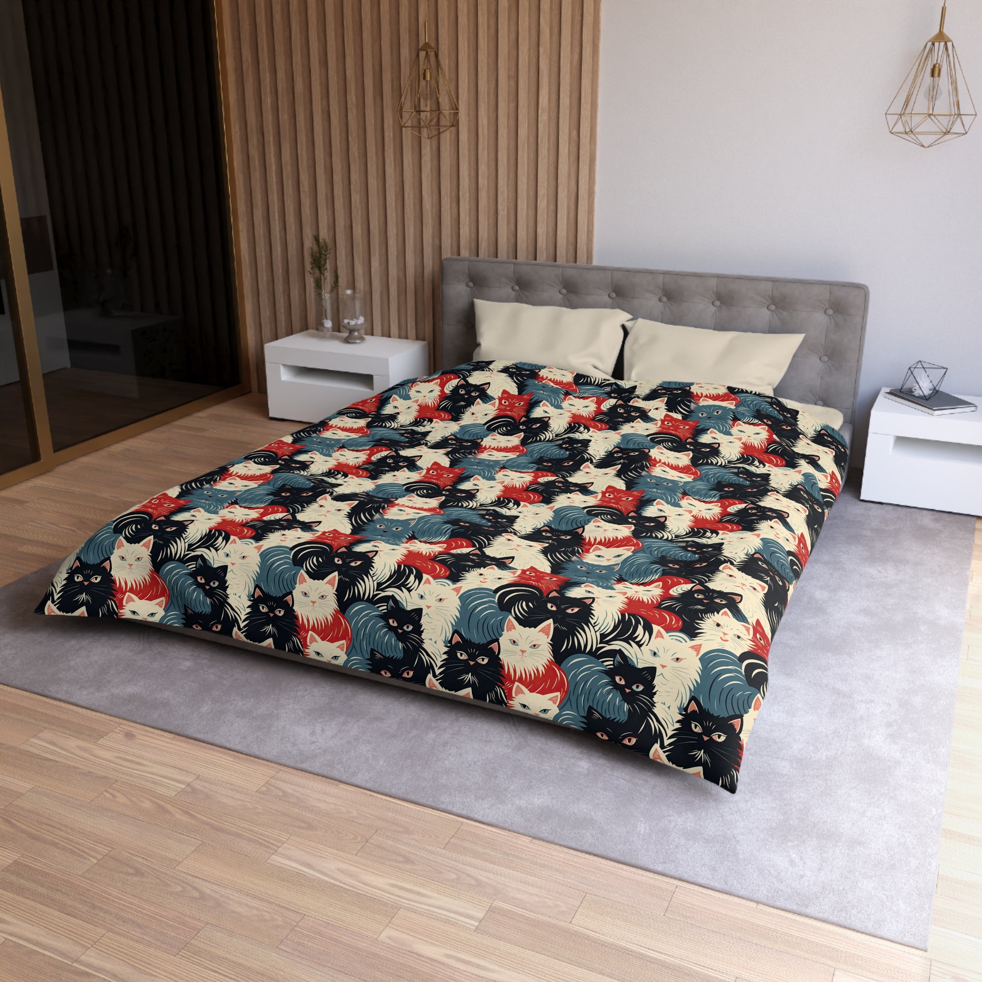 Duvet Cover - A bold and graphic pop art style illustration featuring a tight-knit cluster of various fluffy felines in black, white, red, and blue.