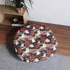 Indoor Round Floor Pillow - A charming, minimalist, Japanese-style illustration of cute white cats sitting amongst vibrant red and white flowers on a dark background.