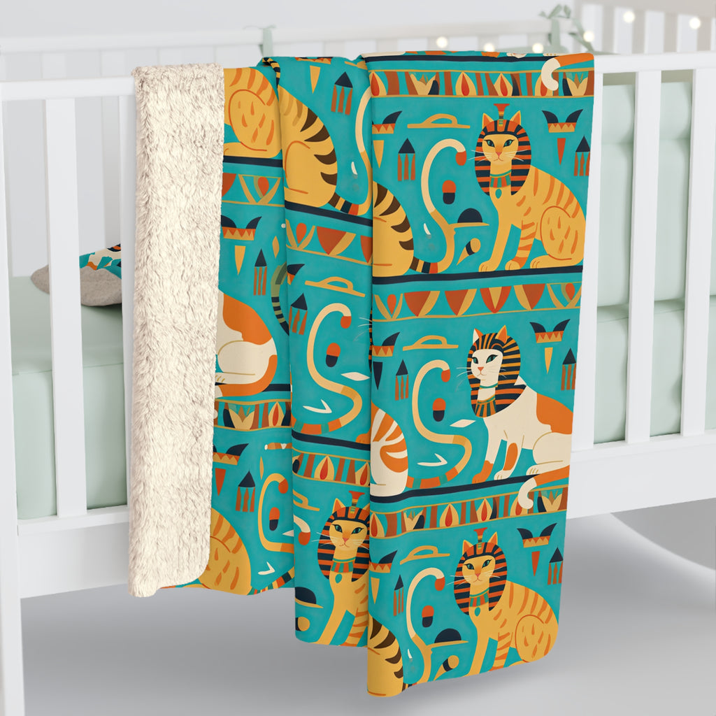 Sherpa Blanket - Horizontal Stripes of Golden Egyptian Cats and Intricate Hieroglyphs Form a Repeating and Historically Themed Border Pattern