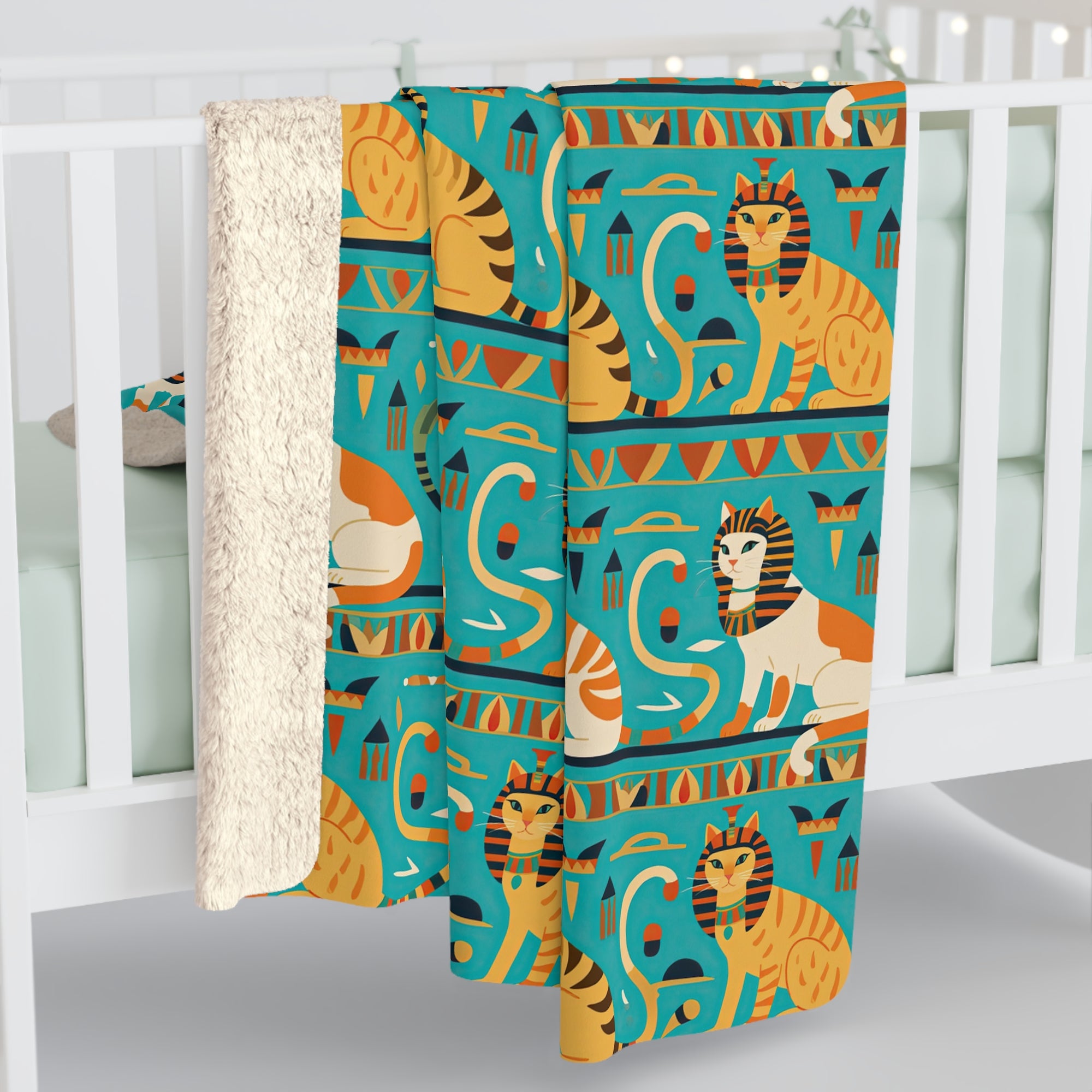 Sherpa Blanket - Horizontal Stripes of Golden Egyptian Cats and Intricate Hieroglyphs Form a Repeating and Historically Themed Border Pattern