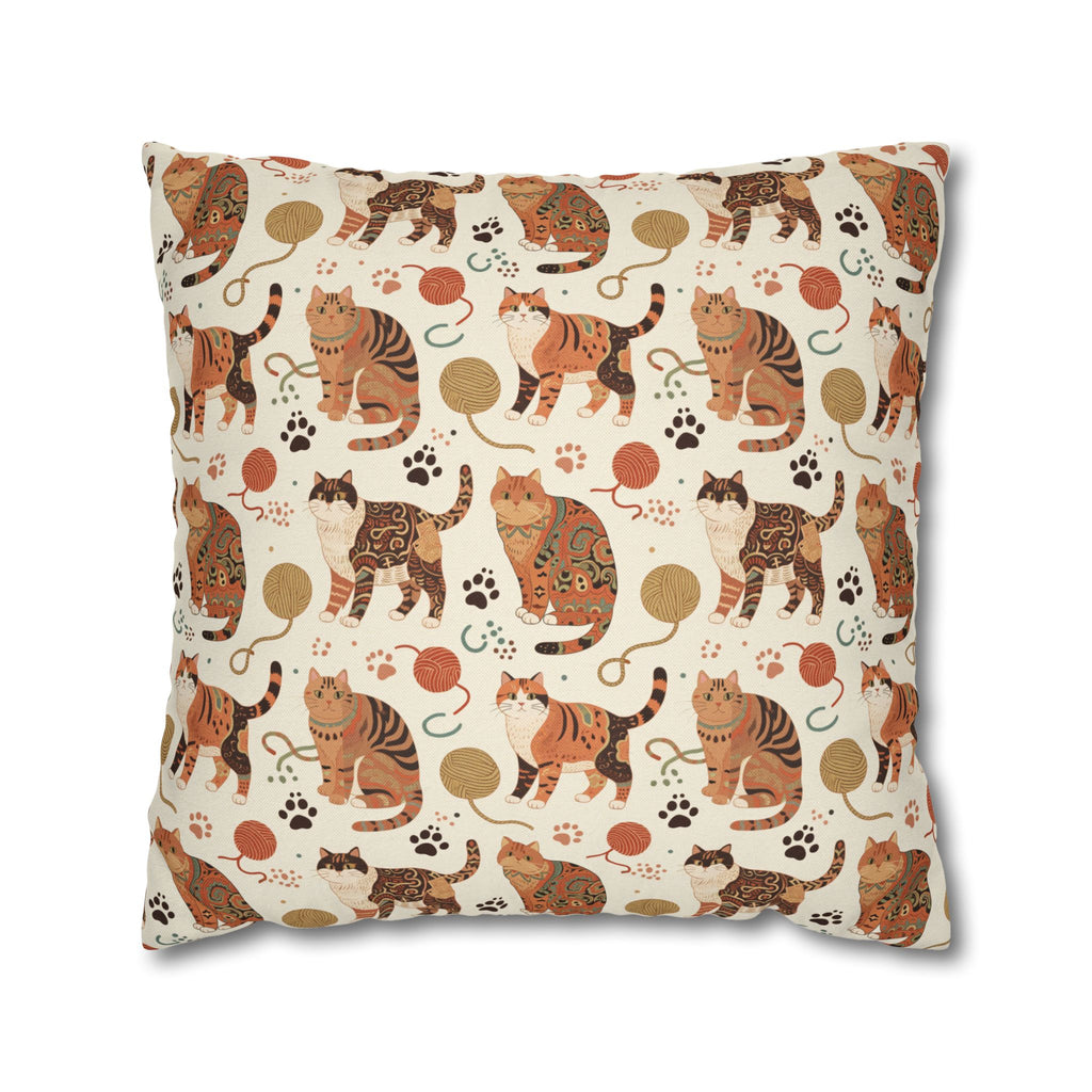Square Pillowcase - Artistic patterned cats in warm earth tones, unique tribal and folk art designs, playful felines with yarn and paw prints, bohemian animal print, cream background, creative cat art
