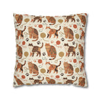 Square Pillowcase - Artistic patterned cats in warm earth tones, unique tribal and folk art designs, playful felines with yarn and paw prints, bohemian animal print, cream background, creative cat art