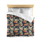 Duvet Cover - A charming and detailed illustration of happy kittens in red ramen bowls eating their noodles with chopsticks among beautiful pink cherry blossoms on a dark background.