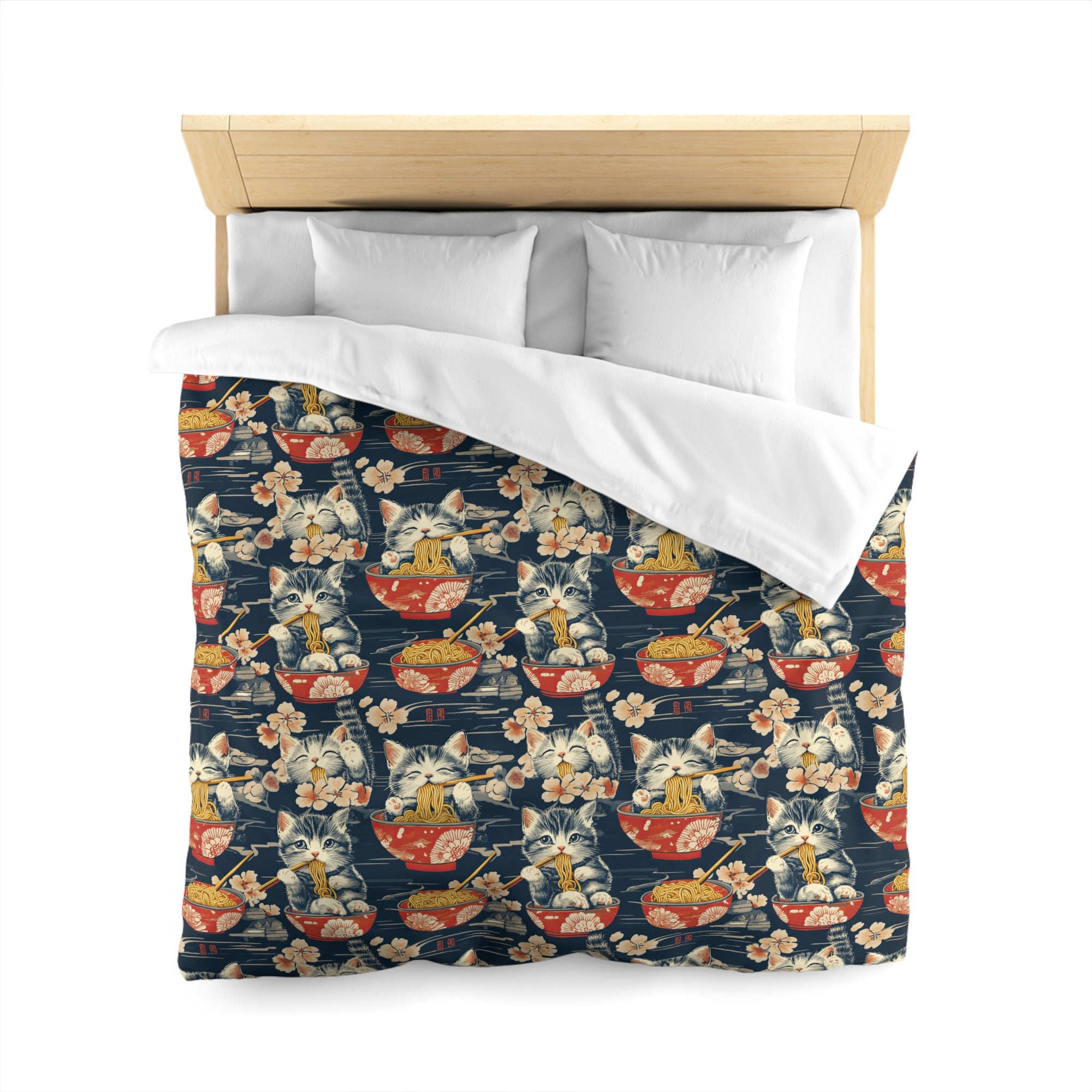 Duvet Cover - A charming and detailed illustration of happy kittens in red ramen bowls eating their noodles with chopsticks among beautiful pink cherry blossoms on a dark background.