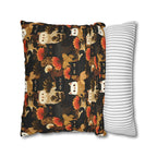 Square Pillowcase - A dark and fantastical illustrative painting of many different cats and plants, creating a dense, mysterious, and golden jungle or forest scene.