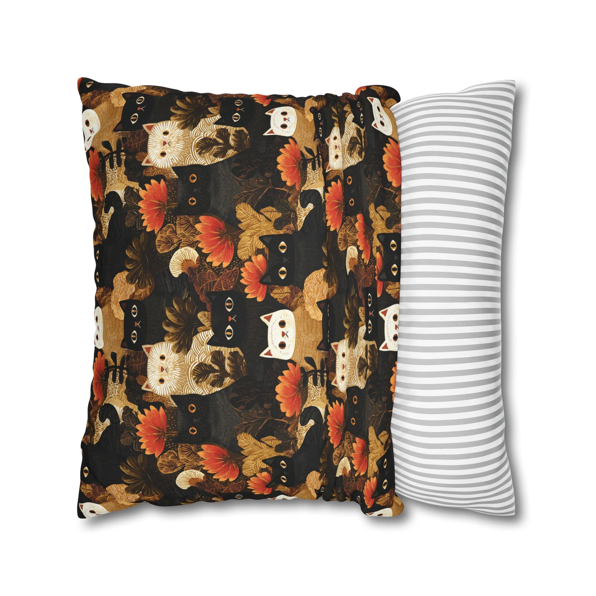 Square Pillowcase - A dark and fantastical illustrative painting of many different cats and plants, creating a dense, mysterious, and golden jungle or forest scene.