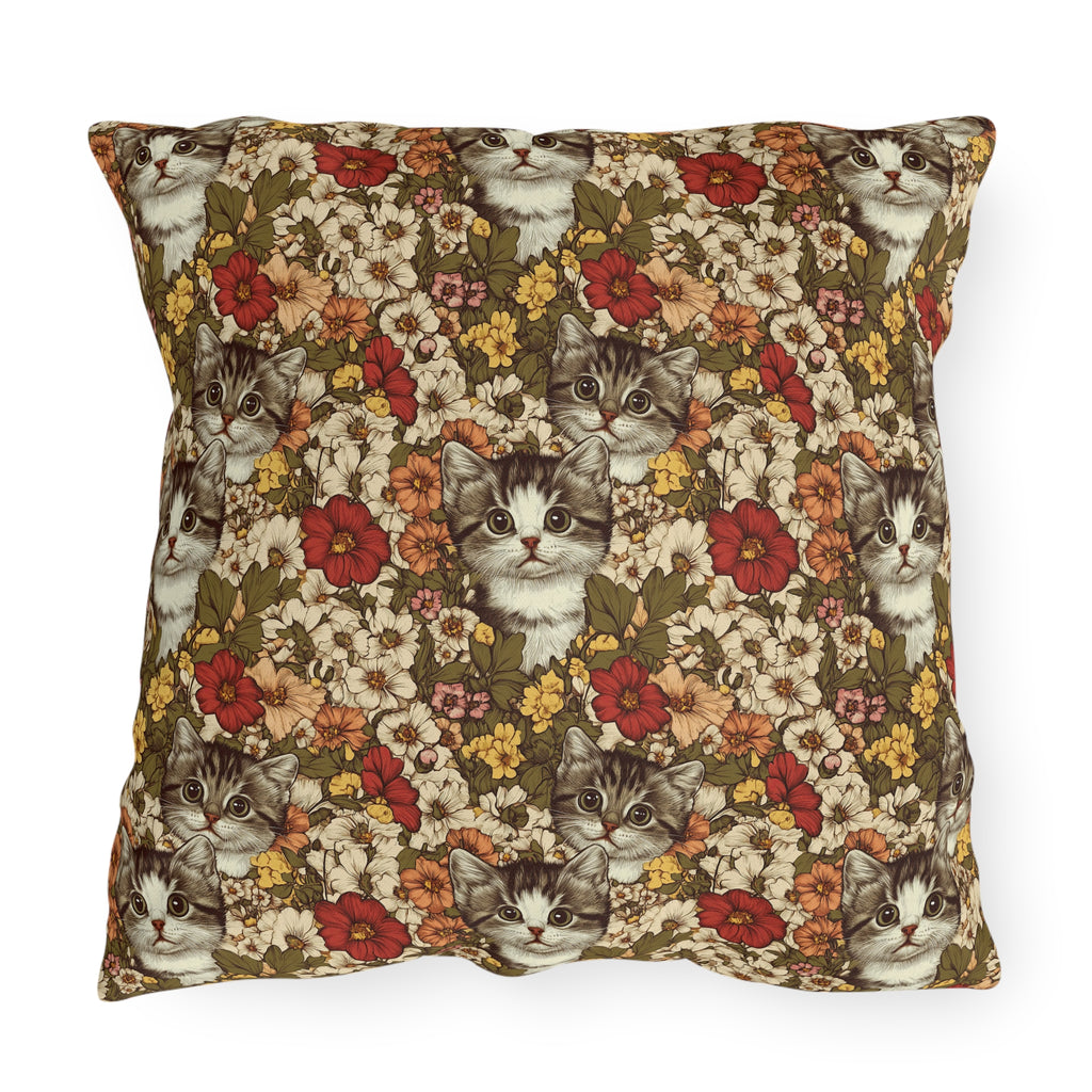 Outdoor Pillow - Grey Tabby Kittens in a Garden of Red, Peach, and Yellow Flowers, Soft Vintage Style