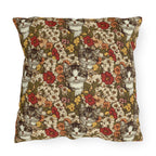 Outdoor Pillow - Grey Tabby Kittens in a Garden of Red, Peach, and Yellow Flowers, Soft Vintage Style