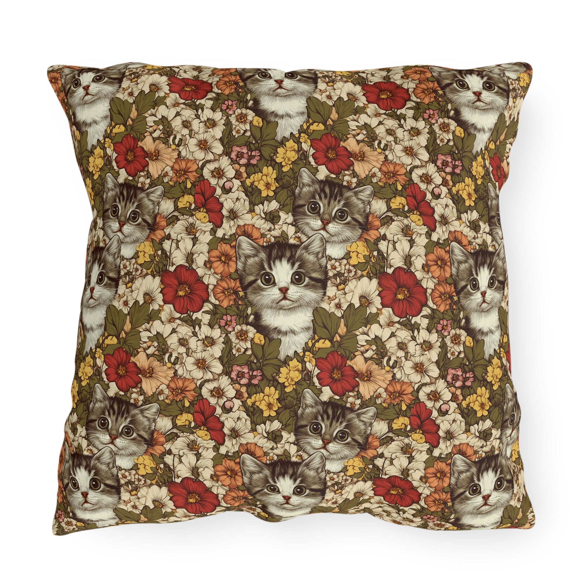 Outdoor Pillow - Grey Tabby Kittens in a Garden of Red, Peach, and Yellow Flowers, Soft Vintage Style