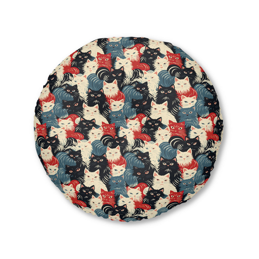 Indoor Round Floor Pillow - A bold and graphic pop art style illustration featuring a tight-knit cluster of various fluffy felines in black, white, red, and blue.