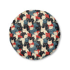 Indoor Round Floor Pillow - A bold and graphic pop art style illustration featuring a tight-knit cluster of various fluffy felines in black, white, red, and blue.