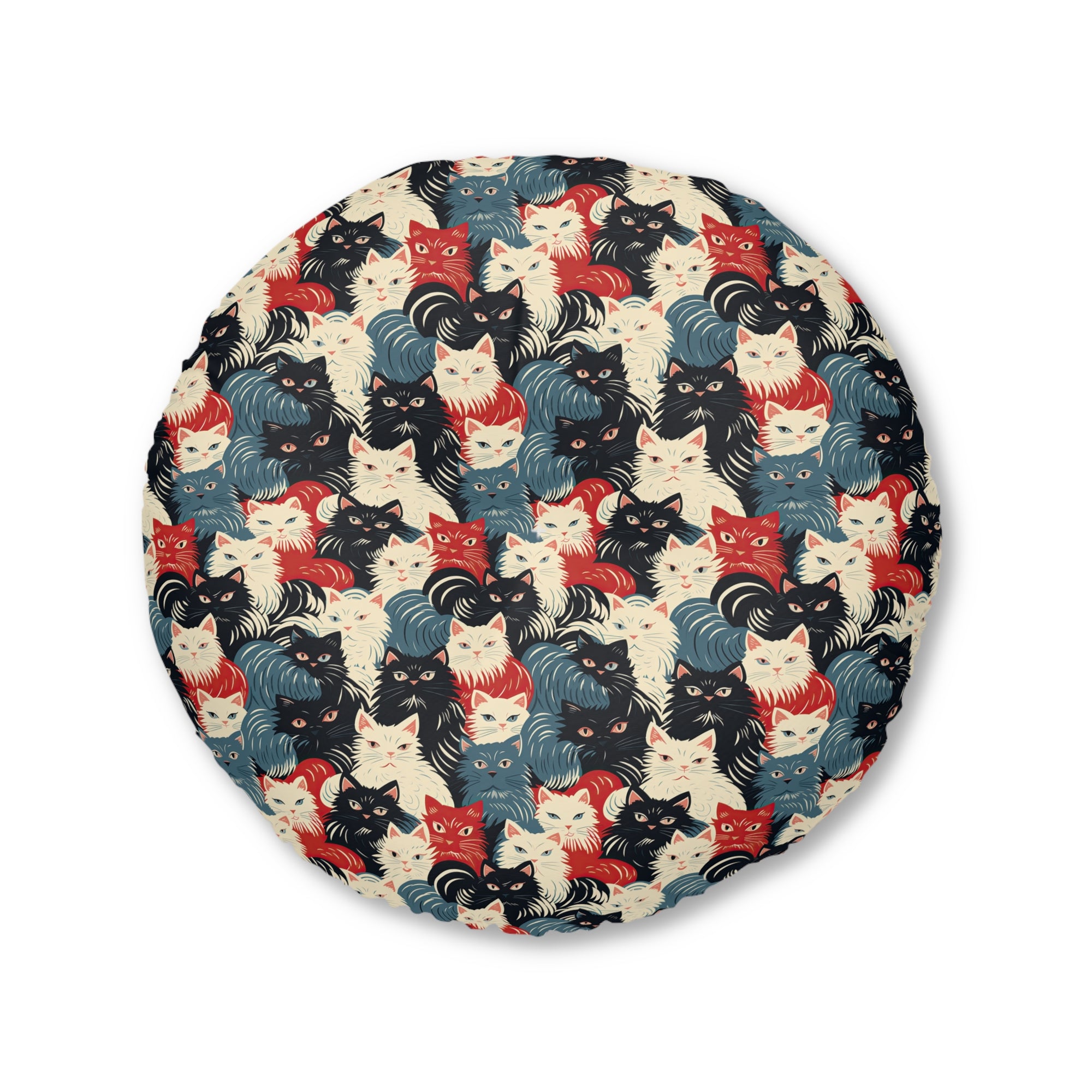 Indoor Round Floor Pillow - A bold and graphic pop art style illustration featuring a tight-knit cluster of various fluffy felines in black, white, red, and blue.
