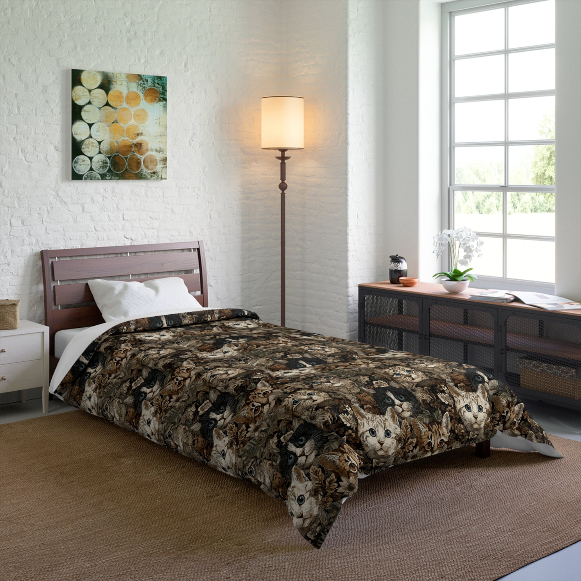 Comforter - An intricate and detailed vintage illustration featuring a close-up of various fluffy cats with bright eyes amidst lush, ornate floral foliage in sepia tones.