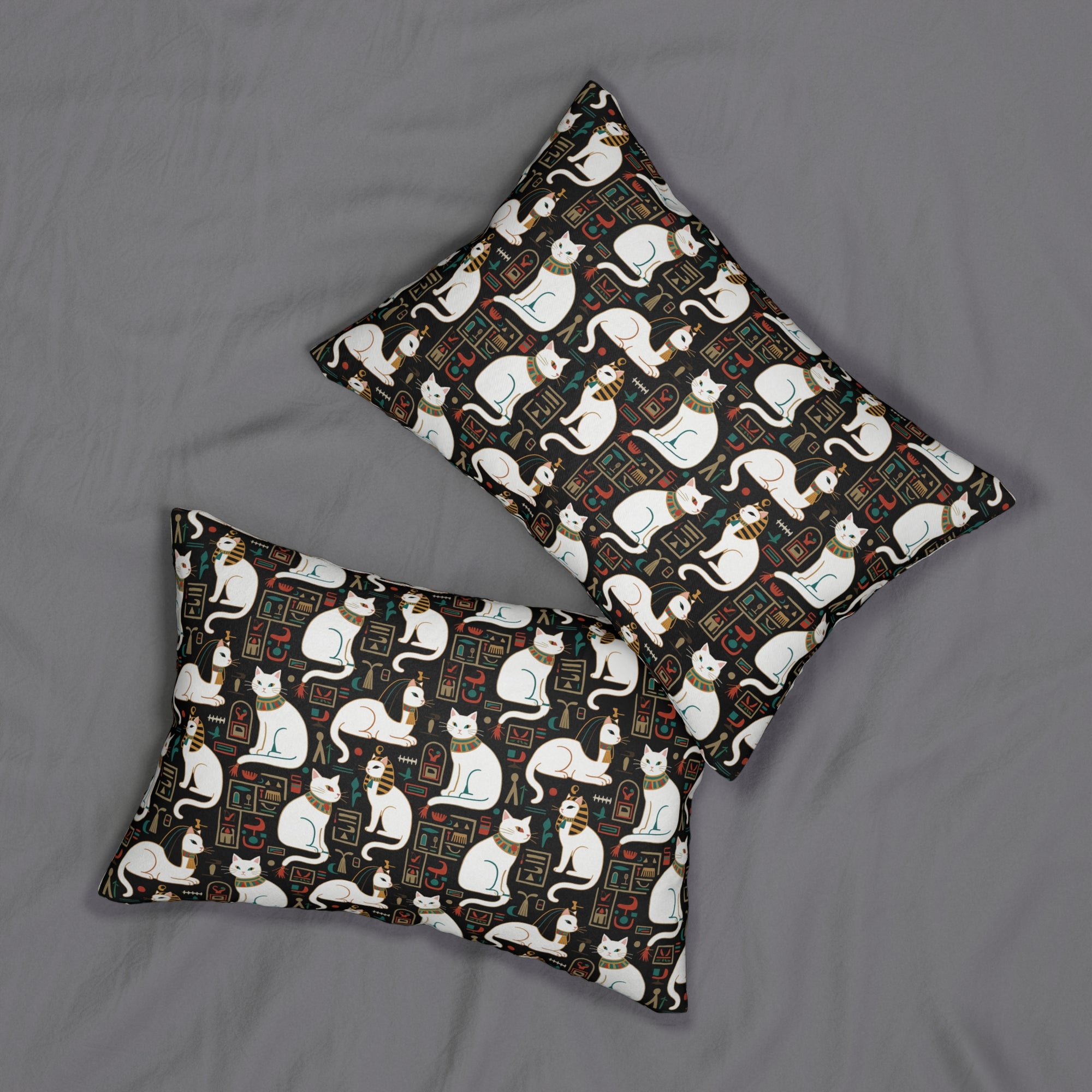 Indoor Lumbar Pillow - Regal White Egyptian Cats with Ornate Collars and Ancient Symbols Adorn this Historically Inspired and Mystical Pattern