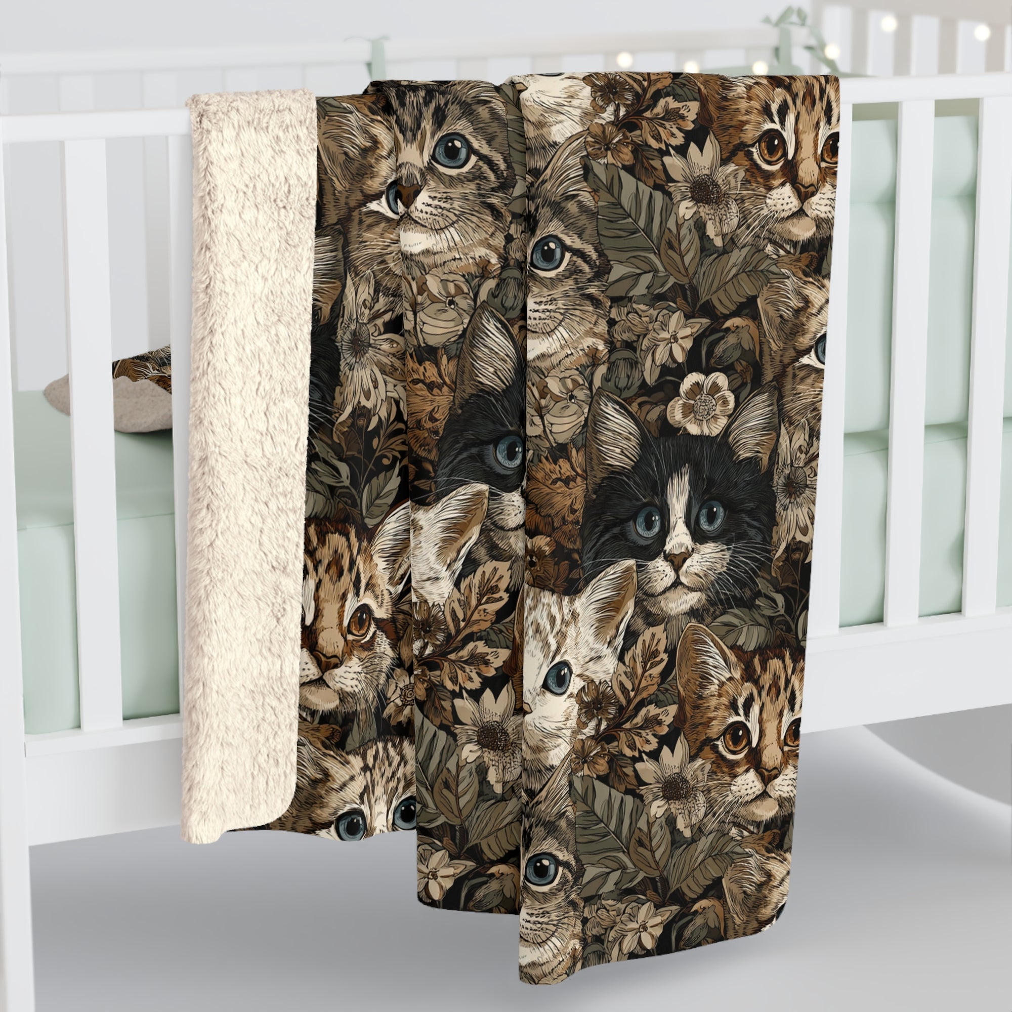 Sherpa Blanket - An intricate and detailed vintage illustration featuring a close-up of various fluffy cats with bright eyes amidst lush, ornate floral foliage in sepia tones.