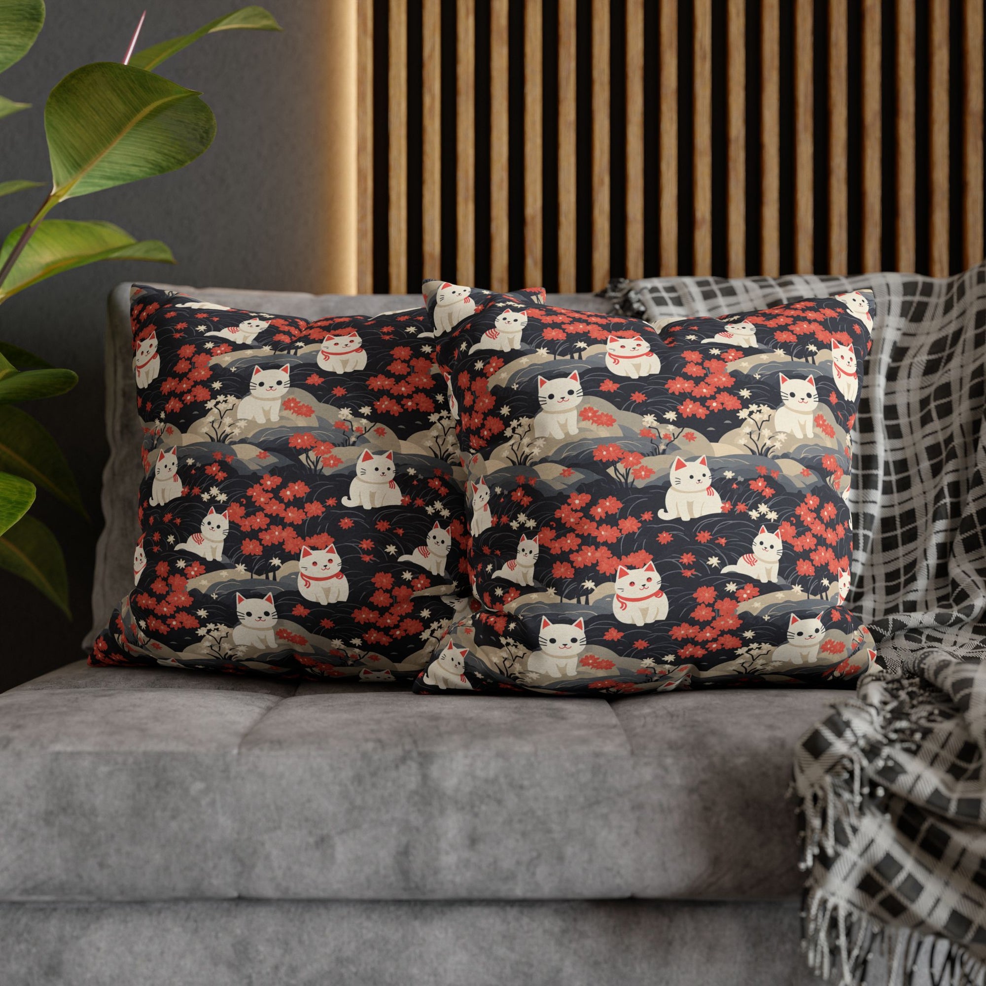 Square Pillowcase - A charming, minimalist, Japanese-style illustration of cute white cats sitting amongst vibrant red and white flowers on a dark background.