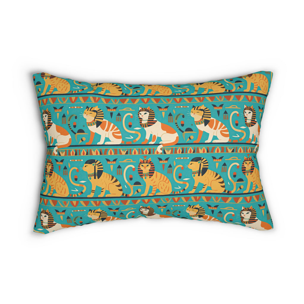 Indoor Lumbar Pillow - Horizontal Stripes of Golden Egyptian Cats and Intricate Hieroglyphs Form a Repeating and Historically Themed Border Pattern