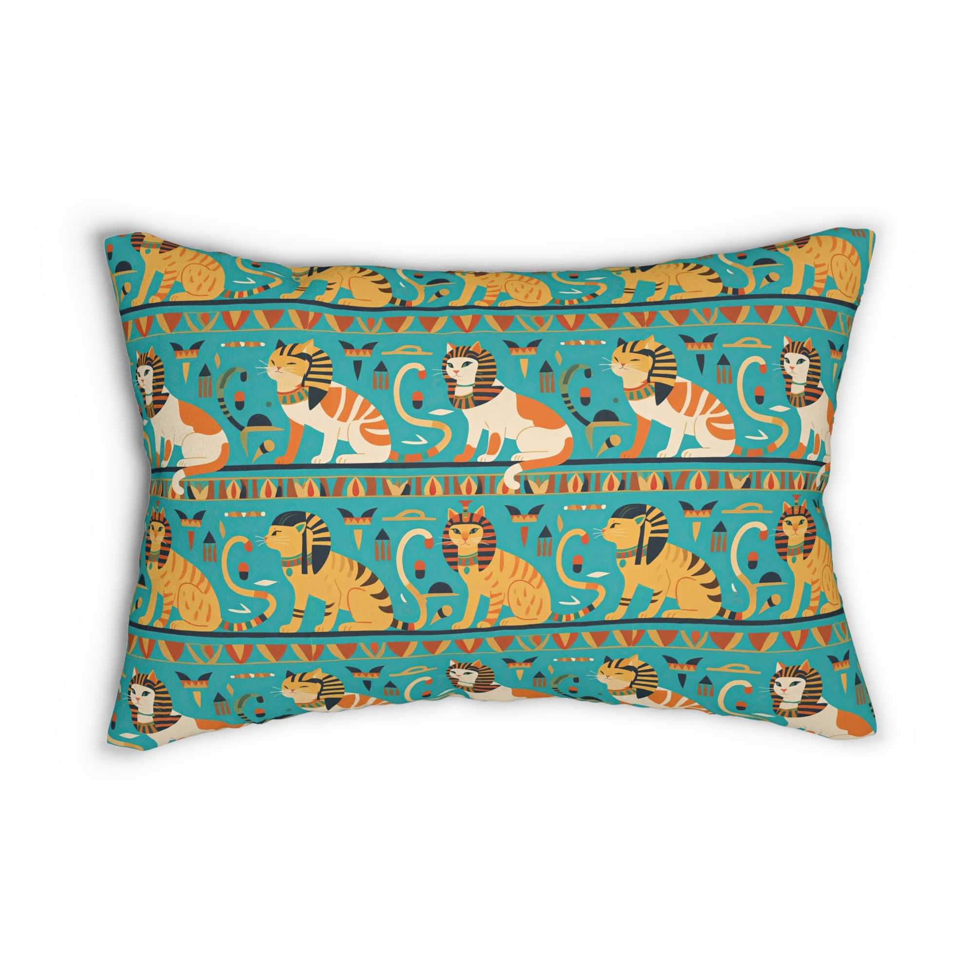 Indoor Lumbar Pillow - Horizontal Stripes of Golden Egyptian Cats and Intricate Hieroglyphs Form a Repeating and Historically Themed Border Pattern