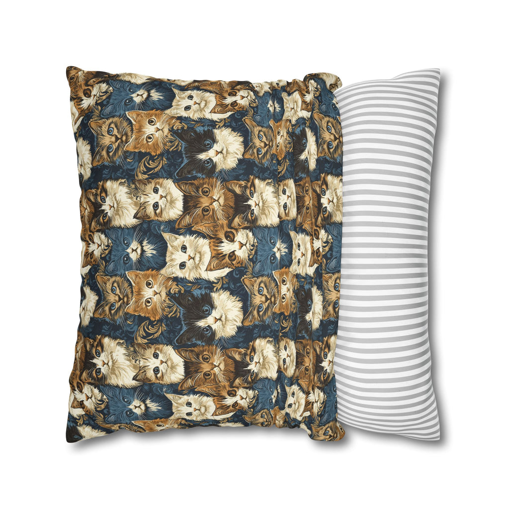 Square Pillowcase - Blue Eyed Cats with Brown and White Fur on a Deep Blue Damask Background