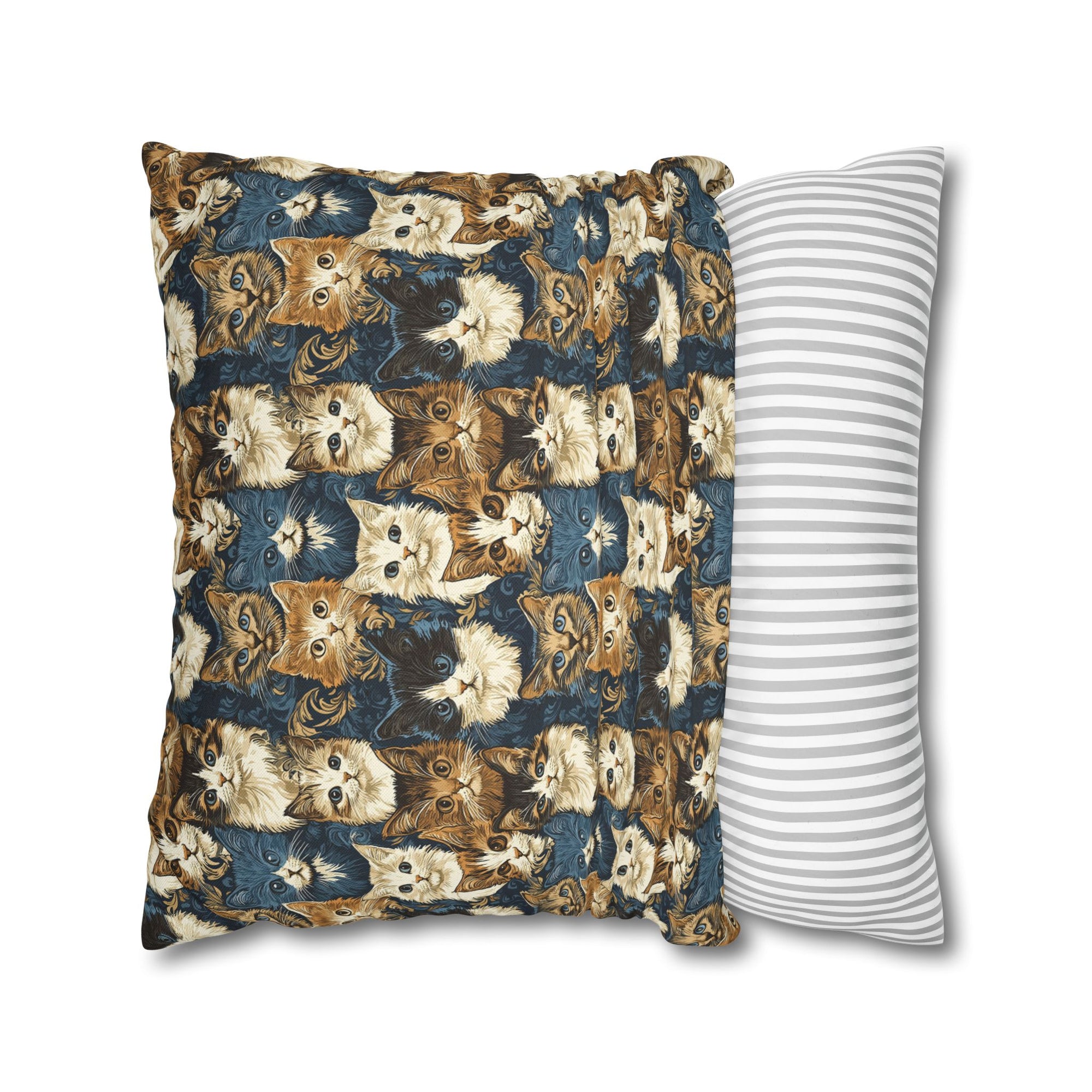 Square Pillowcase - Blue Eyed Cats with Brown and White Fur on a Deep Blue Damask Background