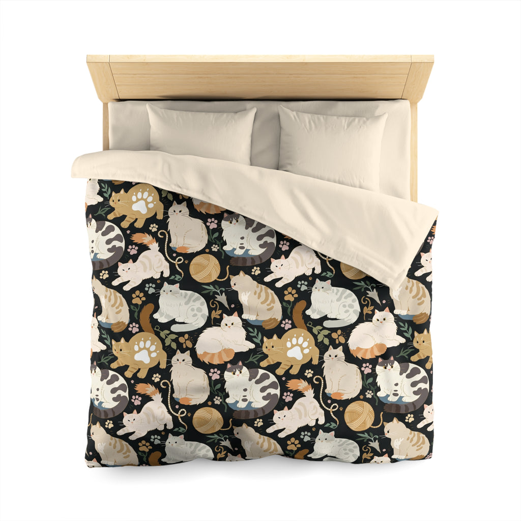 Duvet Cover - Diverse cats and kittens in a dark garden, various breeds and colors, soft natural tones with foliage and paw prints, charming animal illustration, dark background, gentle pet themed art