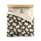 Duvet Cover - Diverse cats and kittens in a dark garden, various breeds and colors, soft natural tones with foliage and paw prints, charming animal illustration, dark background, gentle pet themed art