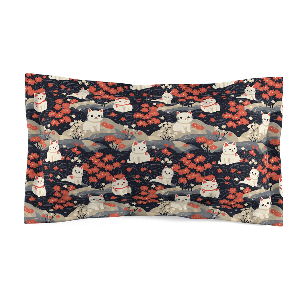 Pillow Sham - A charming, minimalist, Japanese-style illustration of cute white cats sitting amongst vibrant red and white flowers on a dark background.