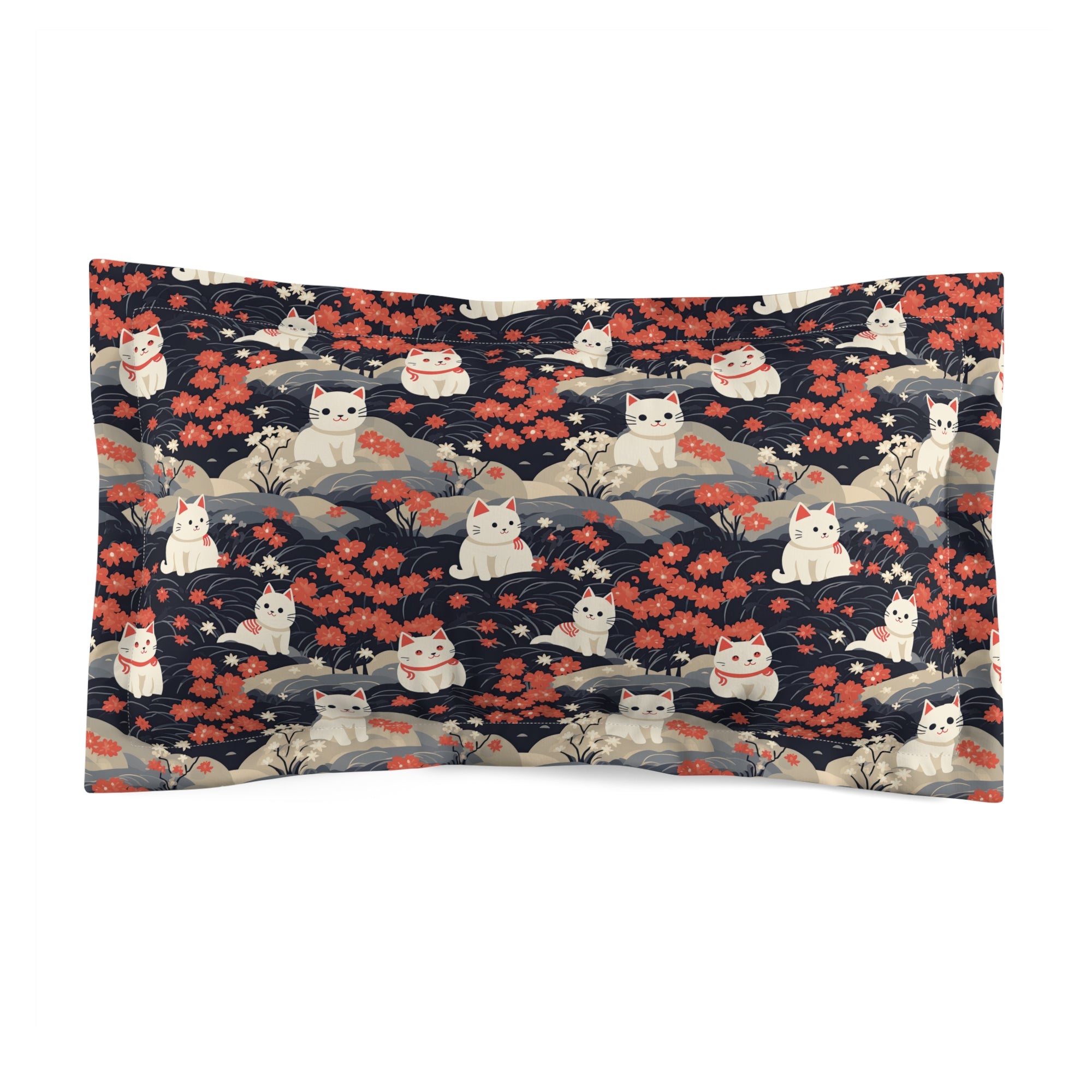Pillow Sham - A charming, minimalist, Japanese-style illustration of cute white cats sitting amongst vibrant red and white flowers on a dark background.