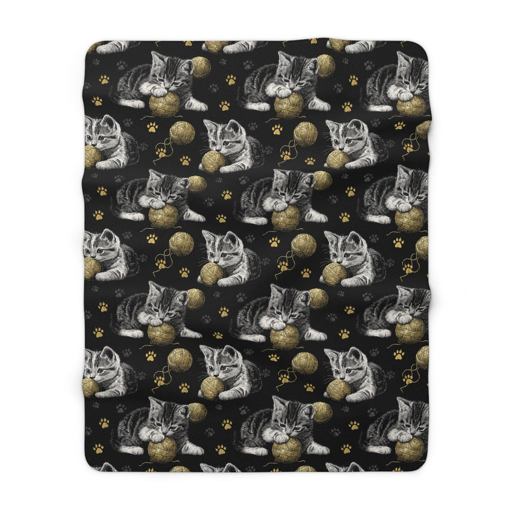 Sherpa Blanket - Grey and White Kittens Playing with Golden Yarn on a Black Background with Paw Prints