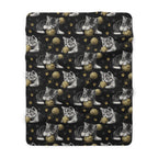 Sherpa Blanket - Grey and White Kittens Playing with Golden Yarn on a Black Background with Paw Prints