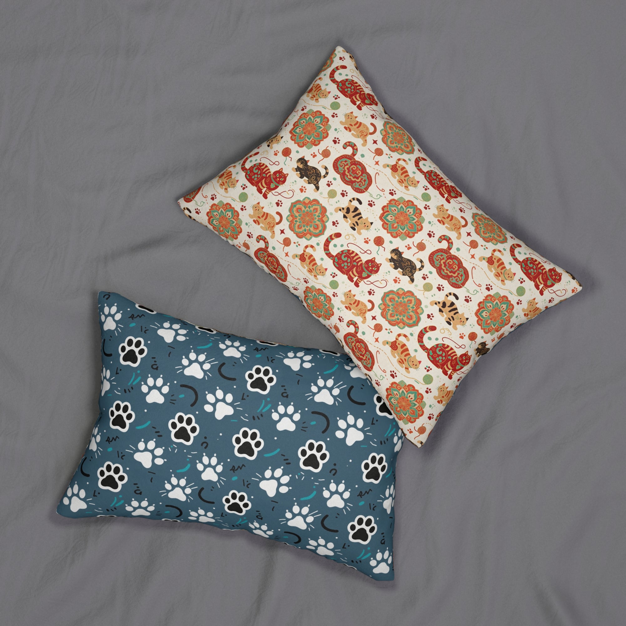 Indoor Lumbar Pillow - Vibrant boho chic cats and mandalas, colorful folk art style, playful felines with yarn and paw prints, artistic and bohemian cat design, cream background, unique animal print
