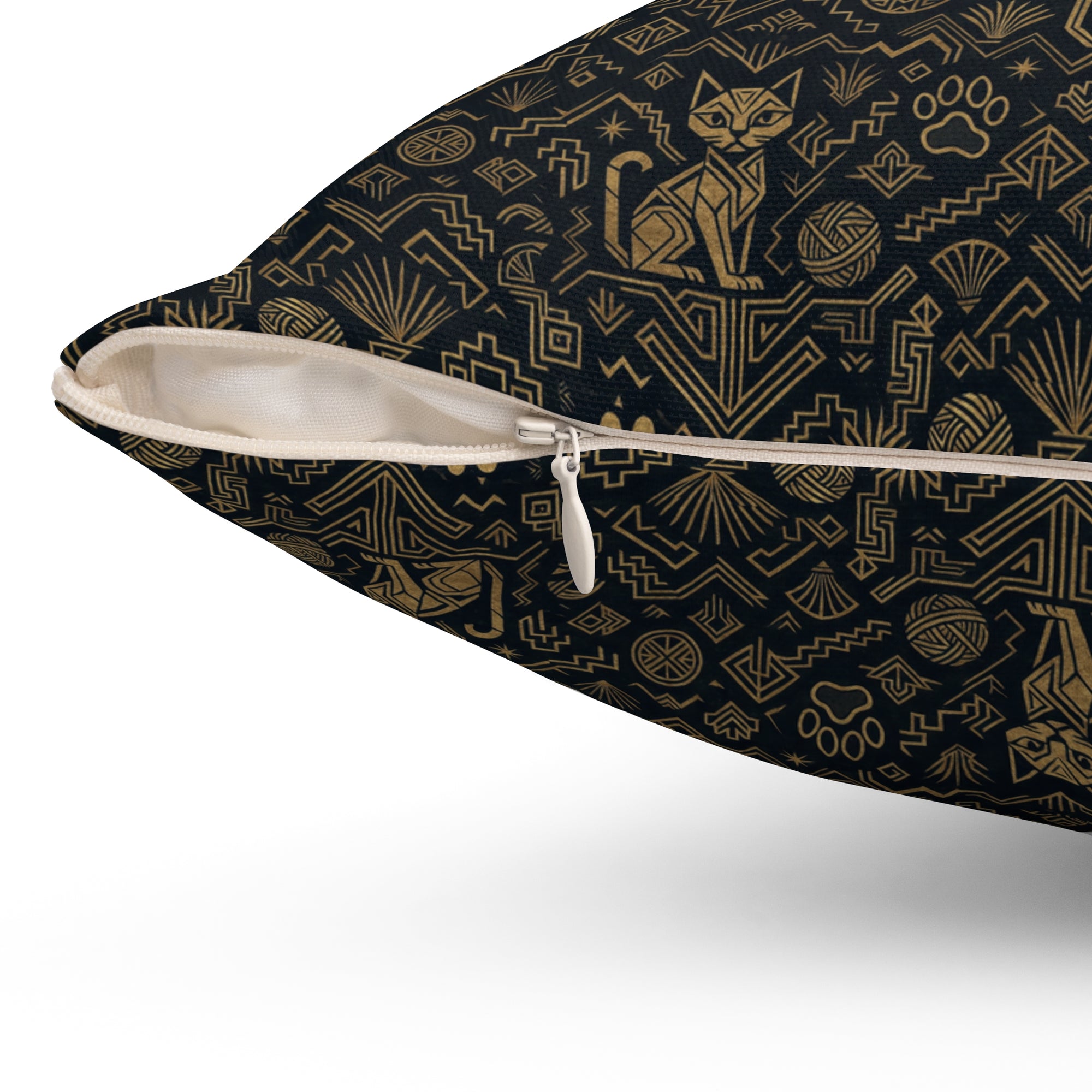 Indoor Square Pillow - Art Deco Inspired Golden Cat Silhouettes and Geometric Patterns Create a Sophisticated and Stylized Modern Design
