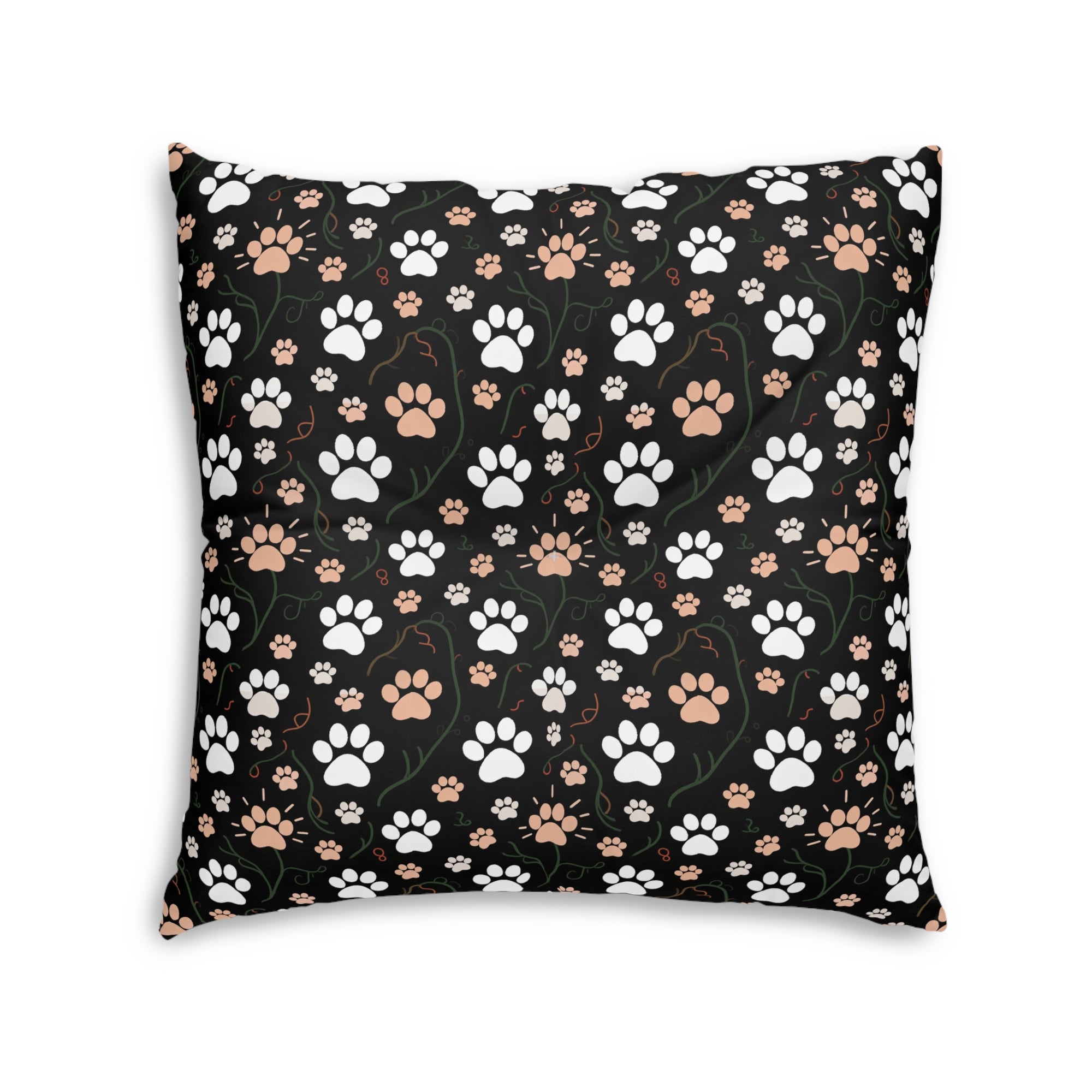 Indoor Square Floor Pillow - A detailed and ornate Victorian-style pattern featuring a tight grouping of fluffy cats of various colors surrounded by black and red flowers and leaves.