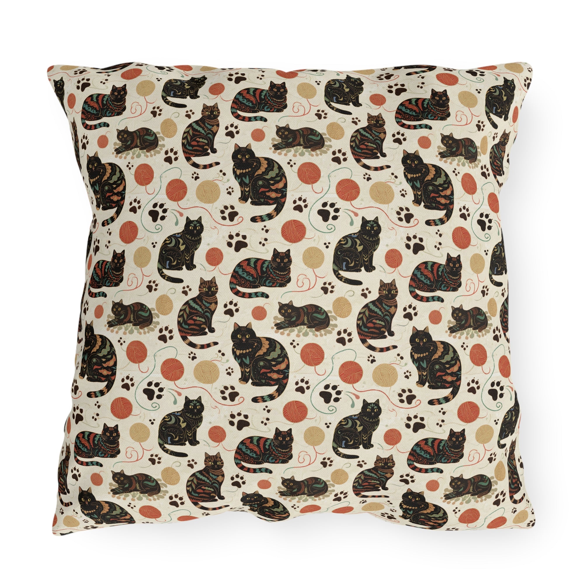 Outdoor Pillow - Intricate tribal patterned black cats, colorful folk art style, playful felines with yarn balls and paw prints, artistic and bohemian cat design, cream background, unique animal print