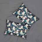 Indoor Lumbar Pillow - A lovely, playful, Japanese-inspired illustration of sweet white cats sitting on rolling blue waves with red and white flowers and gentle clouds.