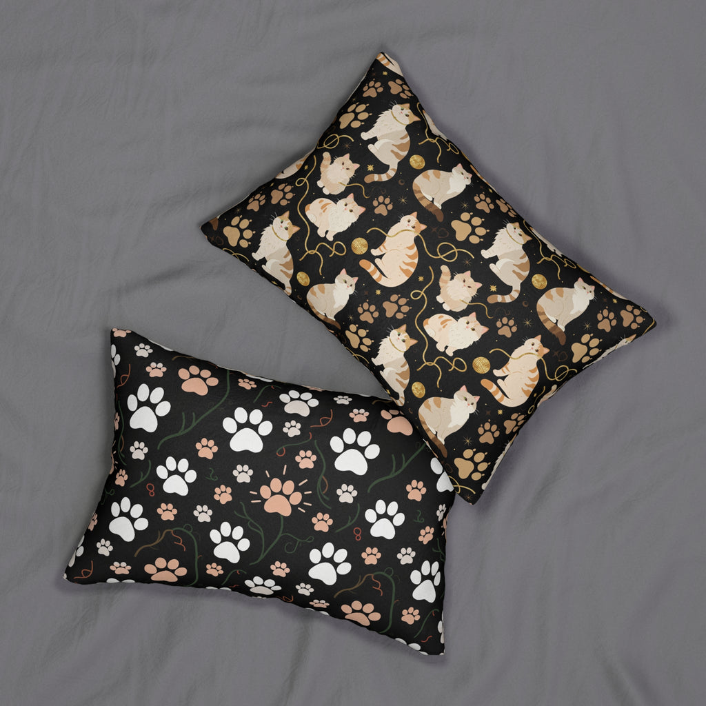 Indoor Lumbar Pillow - Elegant felines and sparkling gold yarn on black, adorable cats with golden paw prints, sophisticated pet motif, charming animal pattern, cozy and warm artistic illustration