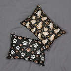 Indoor Lumbar Pillow - Elegant felines and sparkling gold yarn on black, adorable cats with golden paw prints, sophisticated pet motif, charming animal pattern, cozy and warm artistic illustration
