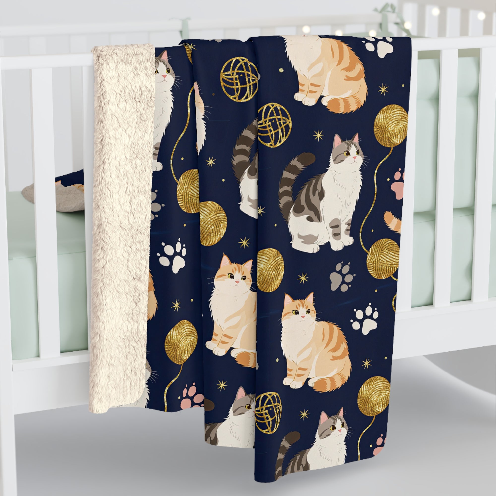 Sherpa Blanket - Charming cats and golden yarn playful design, cute kittens with paw prints, whimsical animal art for cat lovers, dark blue background, delightful pet themed illustration