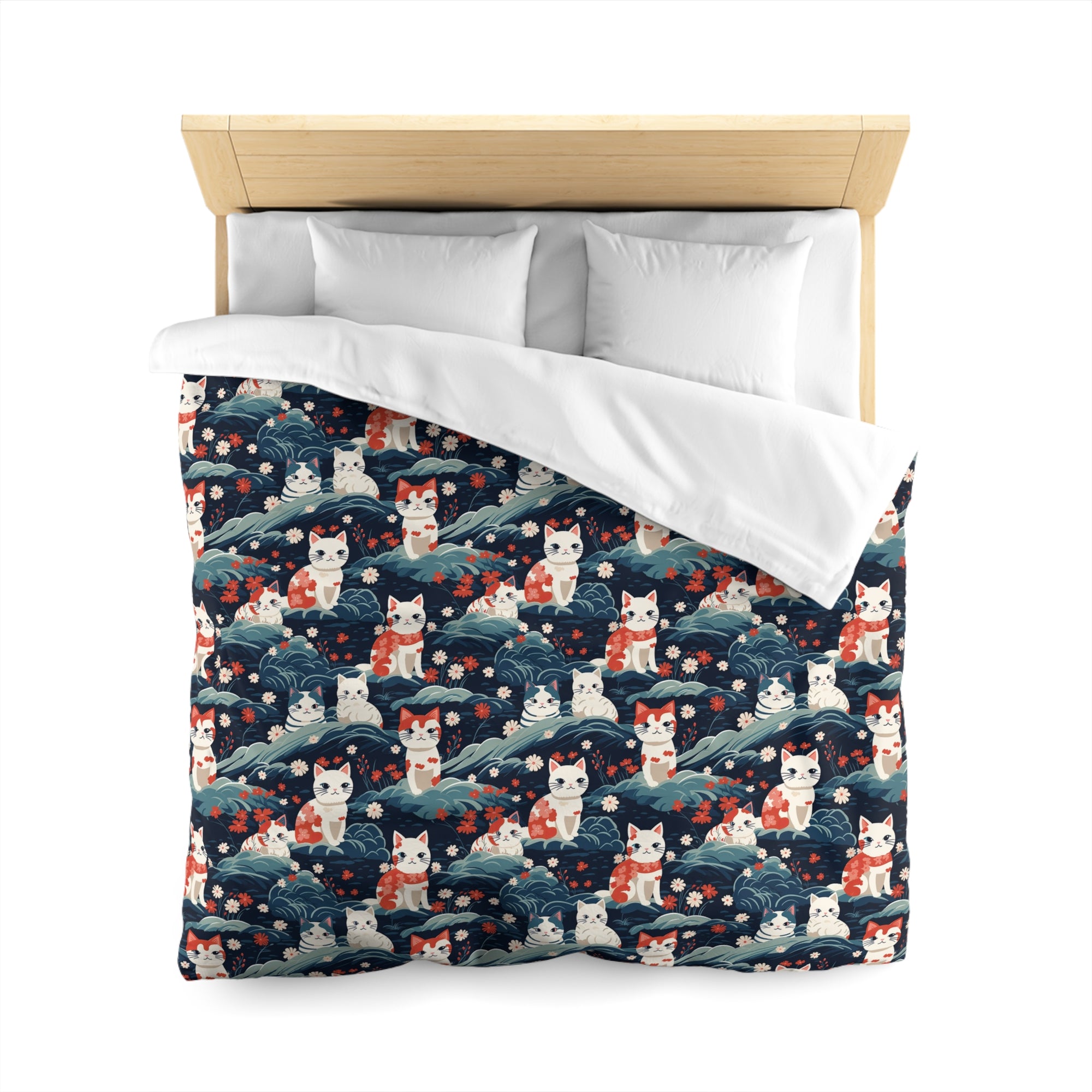 Duvet Cover - A serene and sweet Japanese landscape pattern featuring multicolored cats relaxing within a tranquil field of red and white flowers and gentle blue hills.