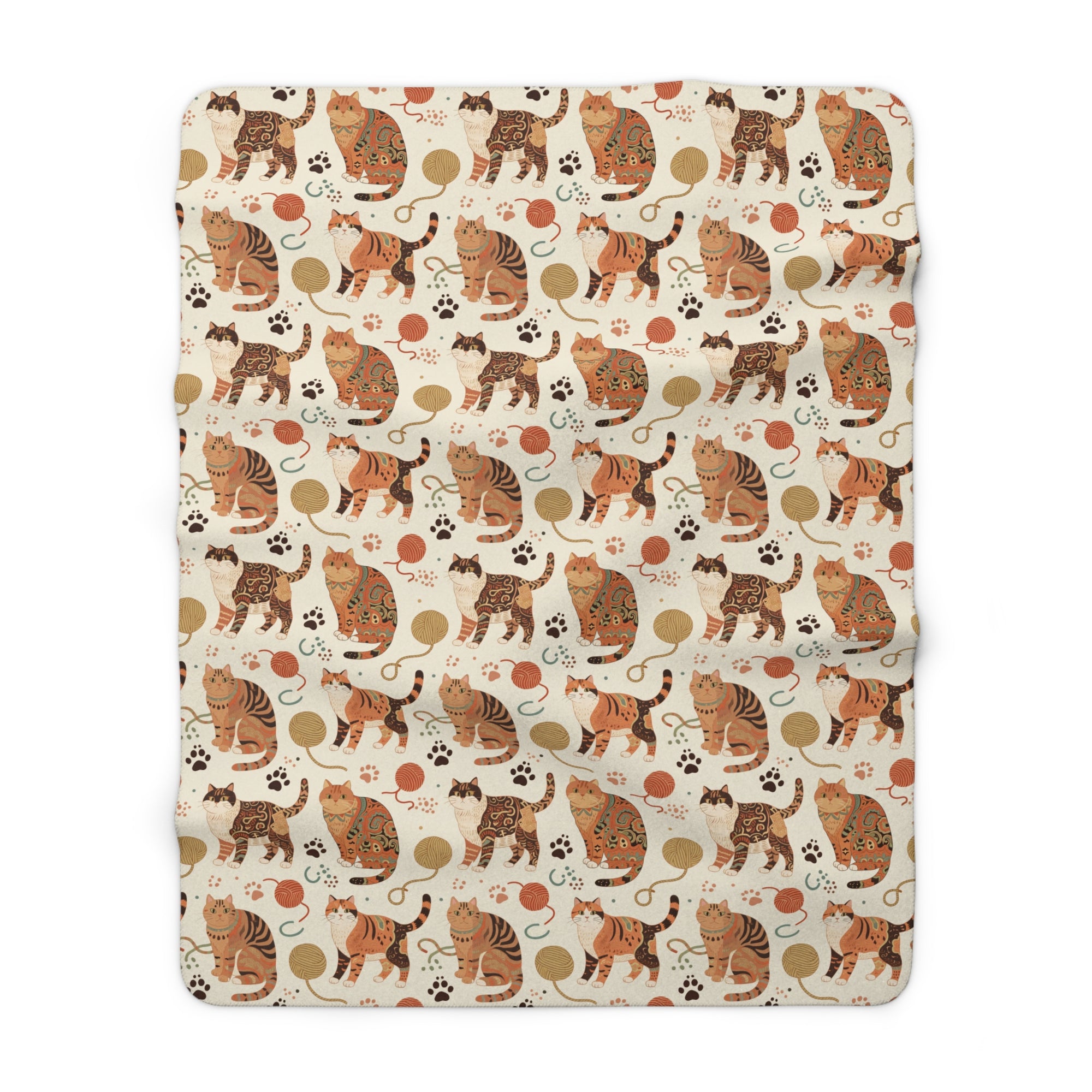 Sherpa Blanket - Artistic patterned cats in warm earth tones, unique tribal and folk art designs, playful felines with yarn and paw prints, bohemian animal print, cream background, creative cat art