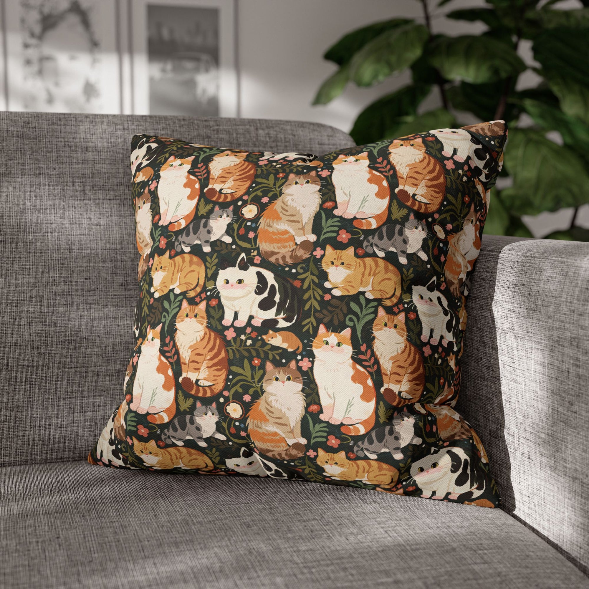Square Pillowcase - Whimsical cat and kitten garden party, various cat breeds amidst green foliage and pink flowers, charming animal illustration, dark forest green background, playful and natural art