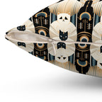 Indoor Square Pillow - An elegant and artistic Art Deco-style pattern featuring streamlined white cats with a striking geometric backdrop of golden and black lines and shapes.