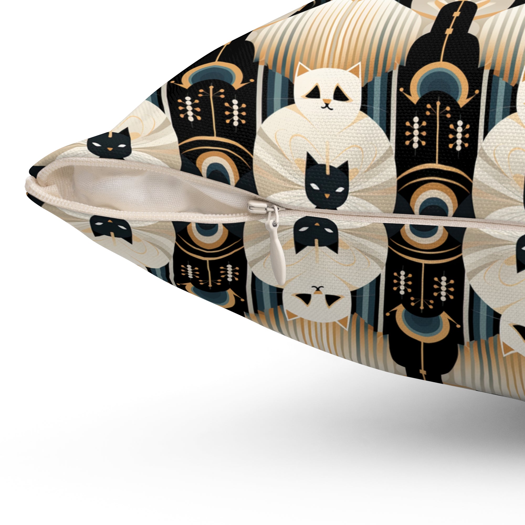 Indoor Square Pillow - An elegant and artistic Art Deco-style pattern featuring streamlined white cats with a striking geometric backdrop of golden and black lines and shapes.