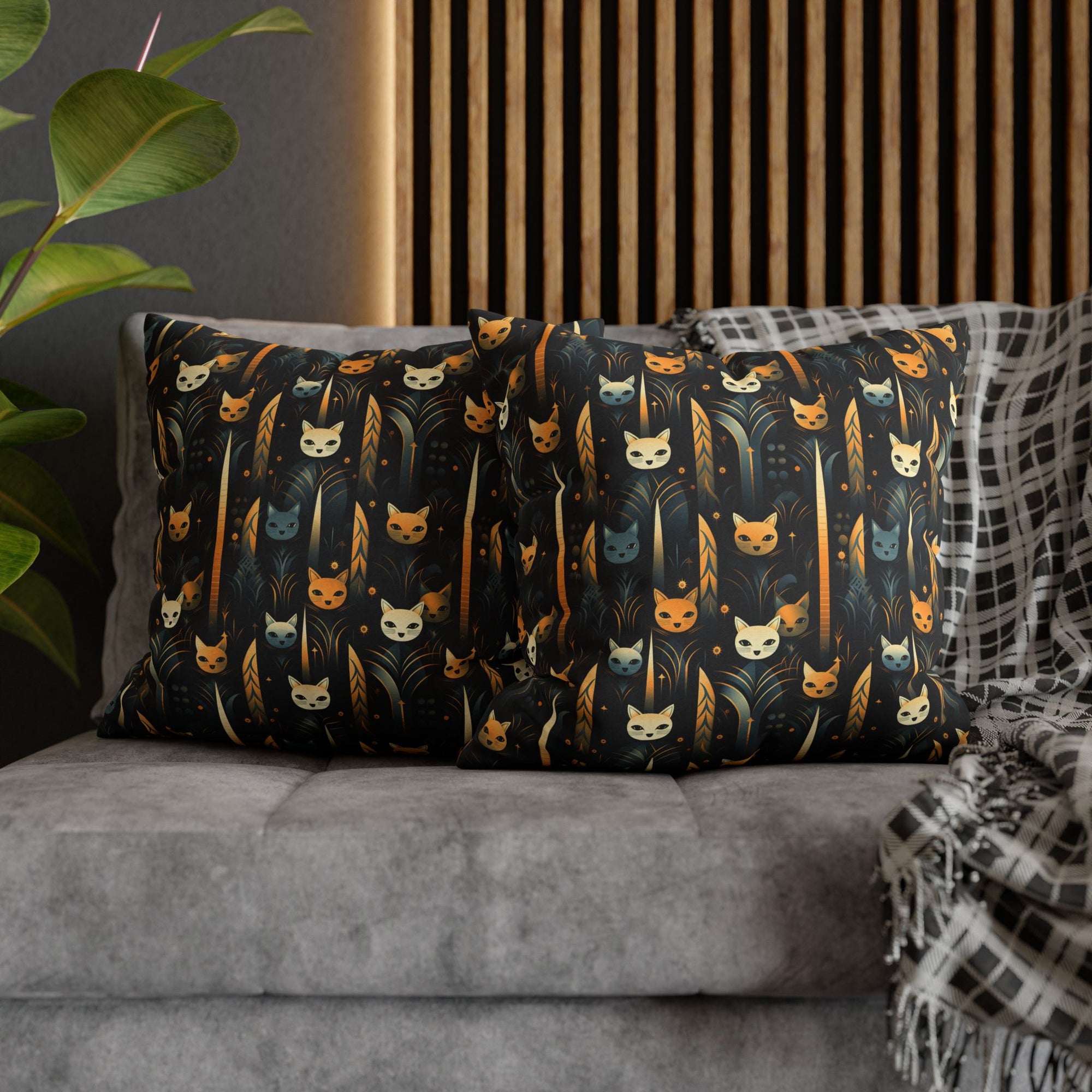 Square Pillowcase - A sleek and stylish Art Deco-inspired pattern depicting a serene nocturnal landscape with streamlined cat silhouettes and radiating golden light among abstract plants.