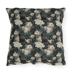 Outdoor Pillow - Grey and White Kittens with Creamy White Flowers and Dark Green Foliage, Elegant Vintage Vibe