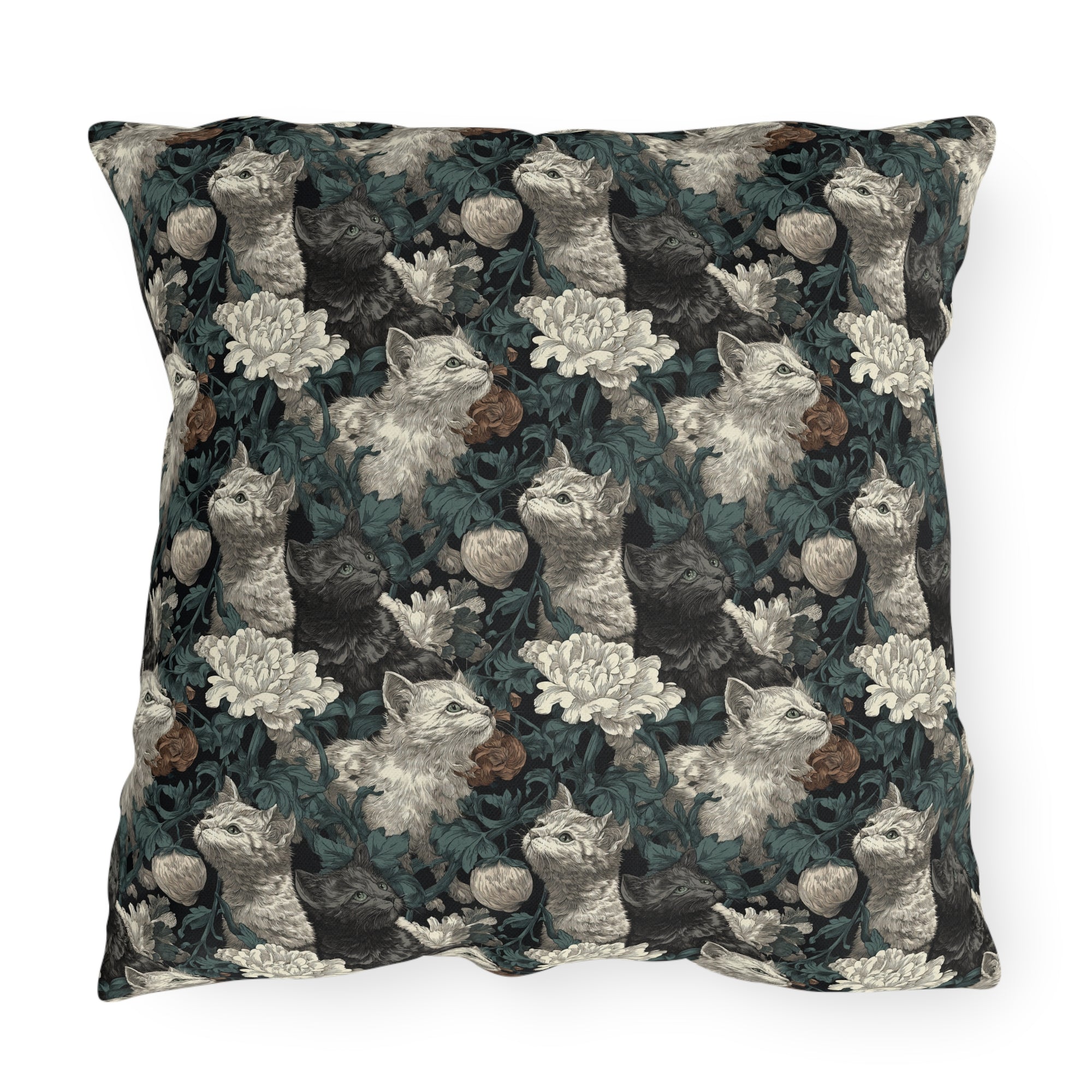 Outdoor Pillow - Grey and White Kittens with Creamy White Flowers and Dark Green Foliage, Elegant Vintage Vibe
